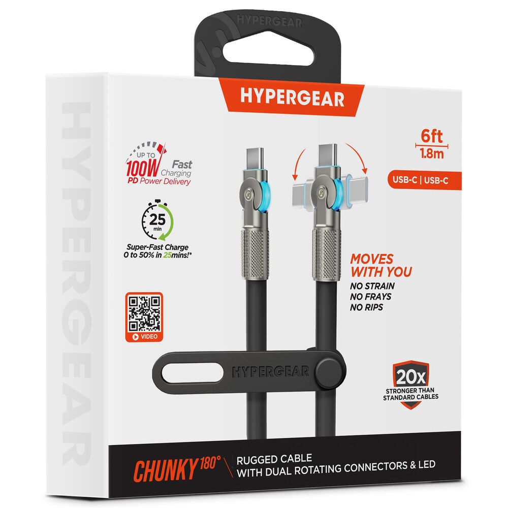 Hypercel Chunky 180 Degrees 6" USB-C to USB-C Cable in Black, , large