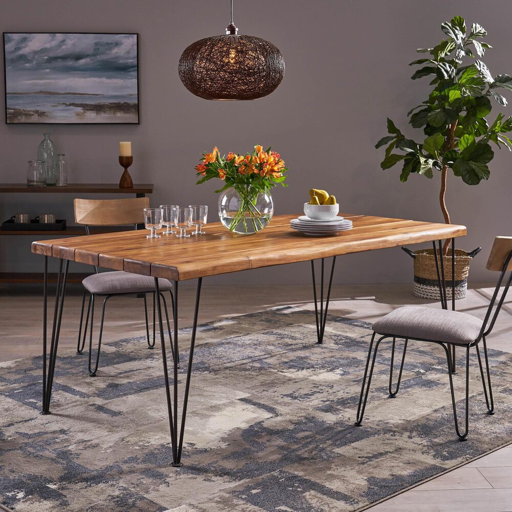 Hearth and Haven Outdoor Rectangle Dining Table with Wood Tabletop and Iron Hairpin Legs in Teak, , large