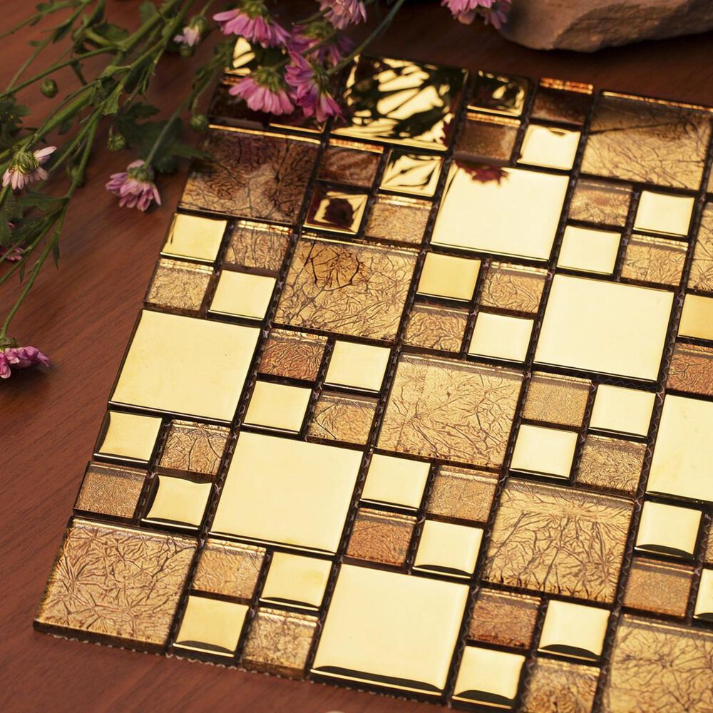 Mirrella Rousha Shiny Gold 12" x 12" Glass Mosaic Sheet, , large