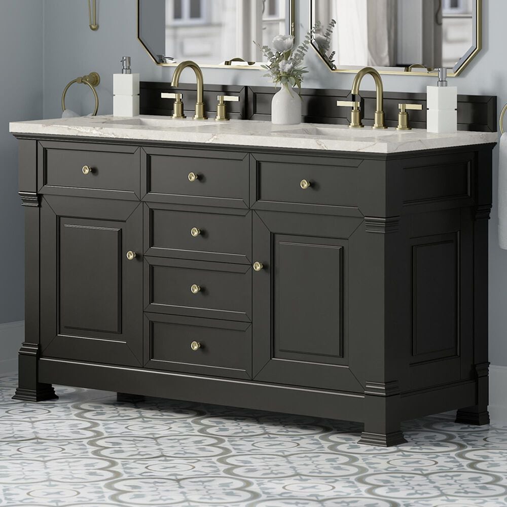 James Martin Vanities Brookfield 60" Double Bathroom Vanity in Black Onyx with 3 cm Eternal Jasmine Pearl Silestone Top, Rectangular Sinks and FreePower Wireless Charger, , large