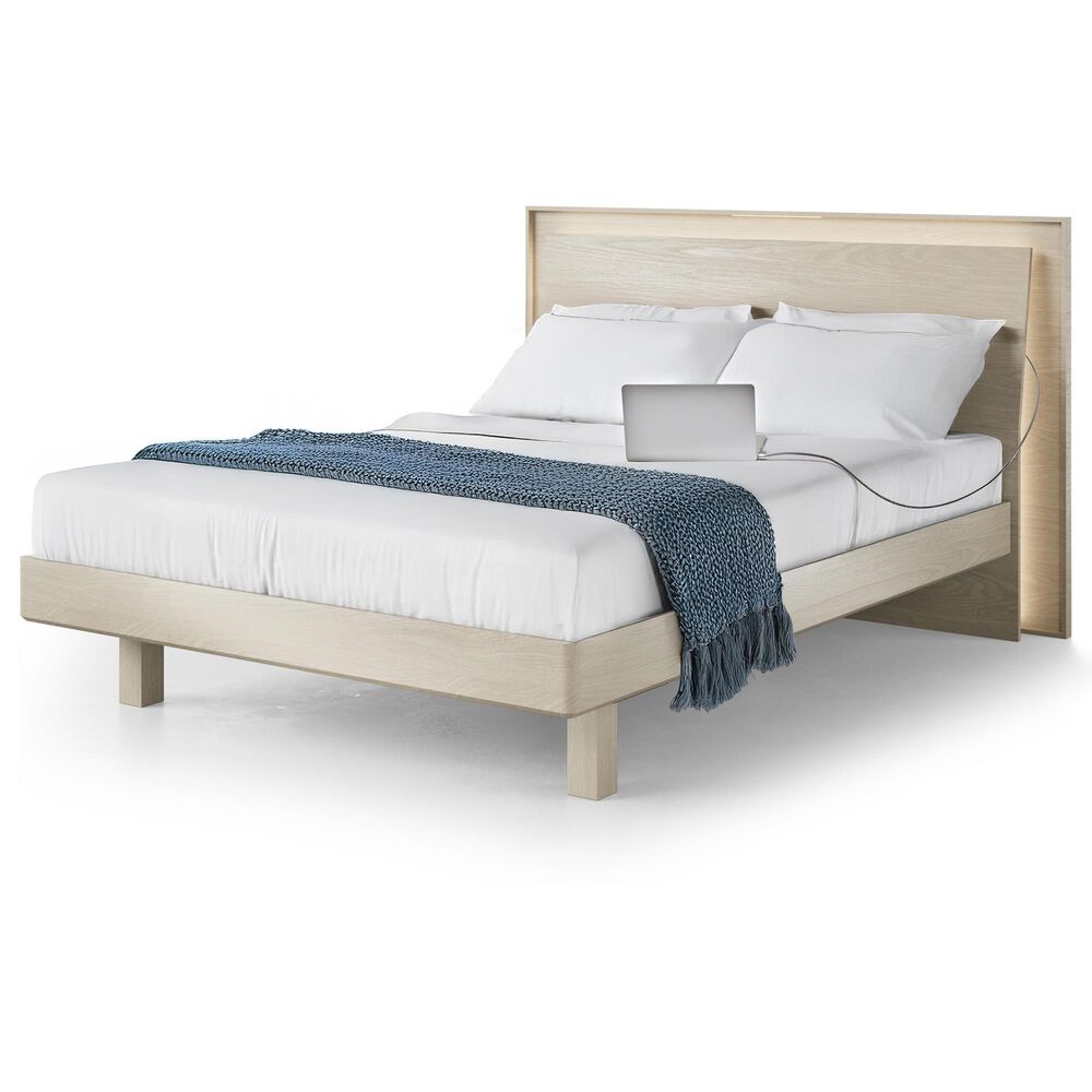 BDI Kava Queen Platform Bed in Washed Oak with Lighting and USB Ports, , large