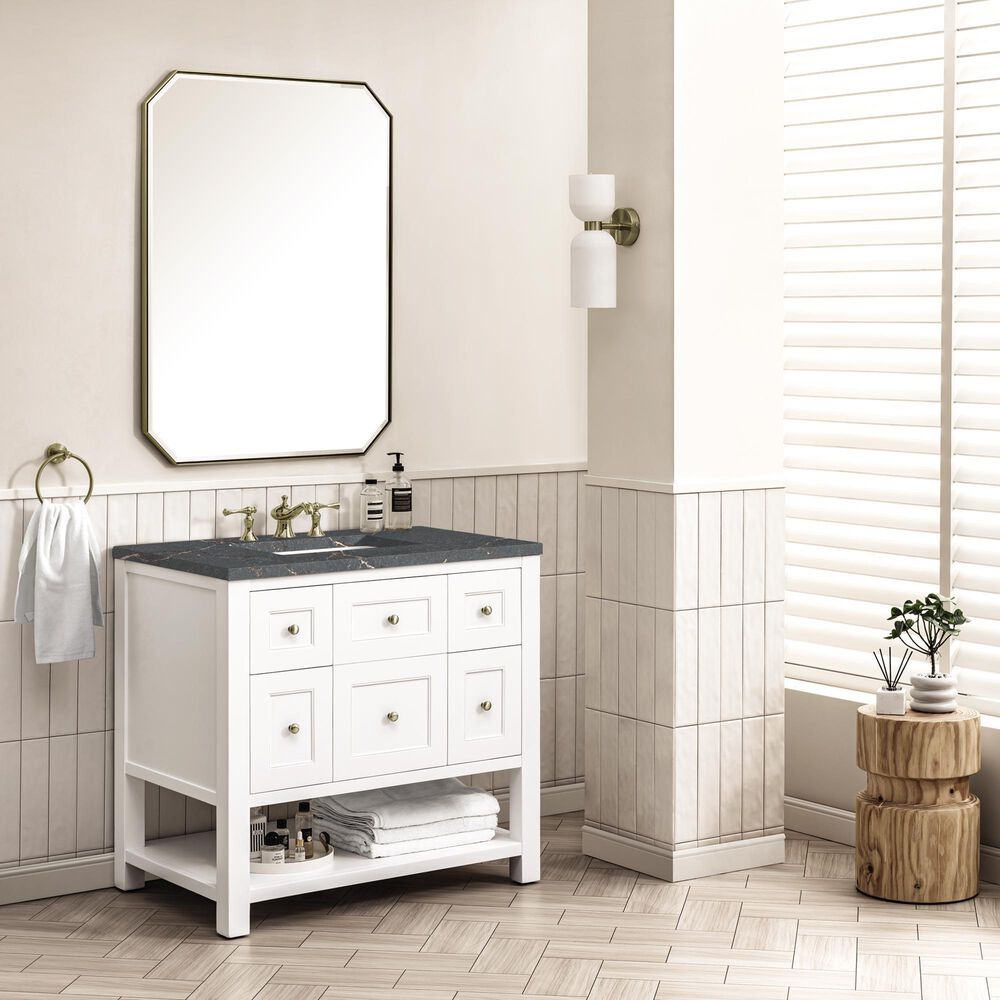 James Martin Vanities Breckenridge 36&quot; Single Bathroom Vanity in Bright White with 3 cm Parisien Bleu Quartz Top and Rectangular Sink, , large