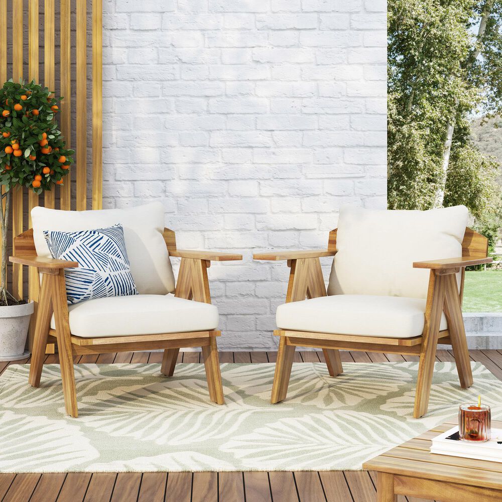Hearth and Haven Outdoor Club Chair with Beige Cushion in Teak &#40;Set of 2&#41;, , large