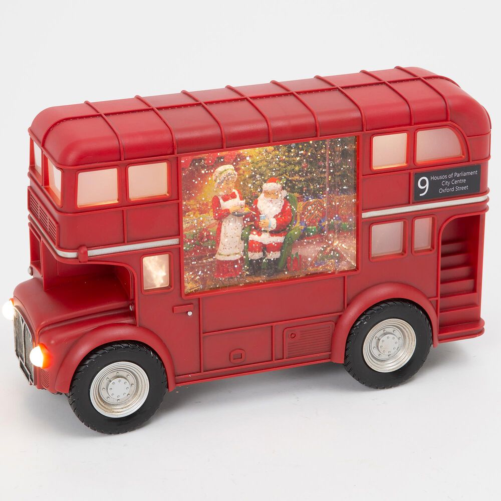 The Gerson Company 11.6"L Battery-Operated Lighted Holiday Scene Spinning Water Globe Bus in Red, , large