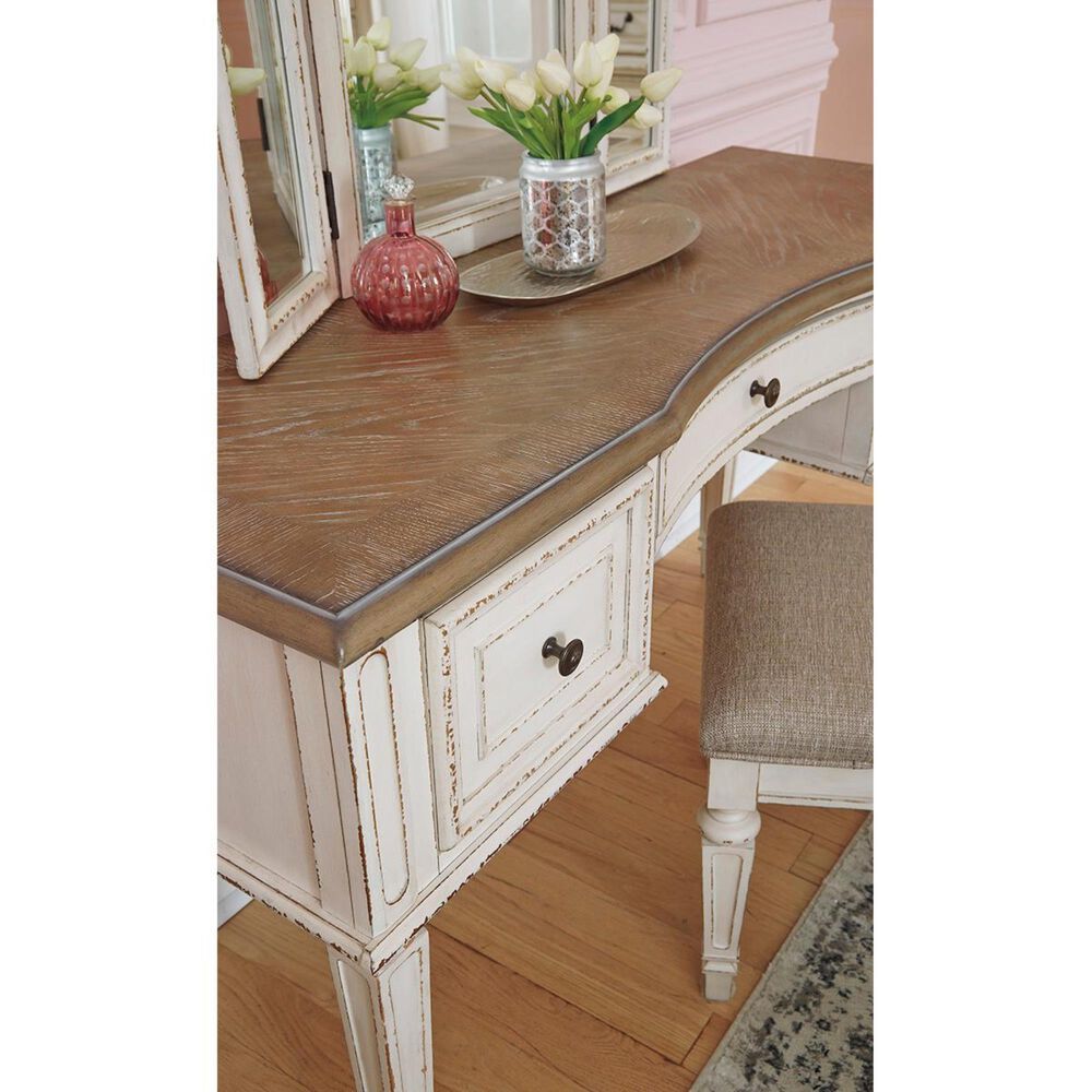 Ashley Realyn Vanity with Mirror and Stool in Chipped White and Brown, , large