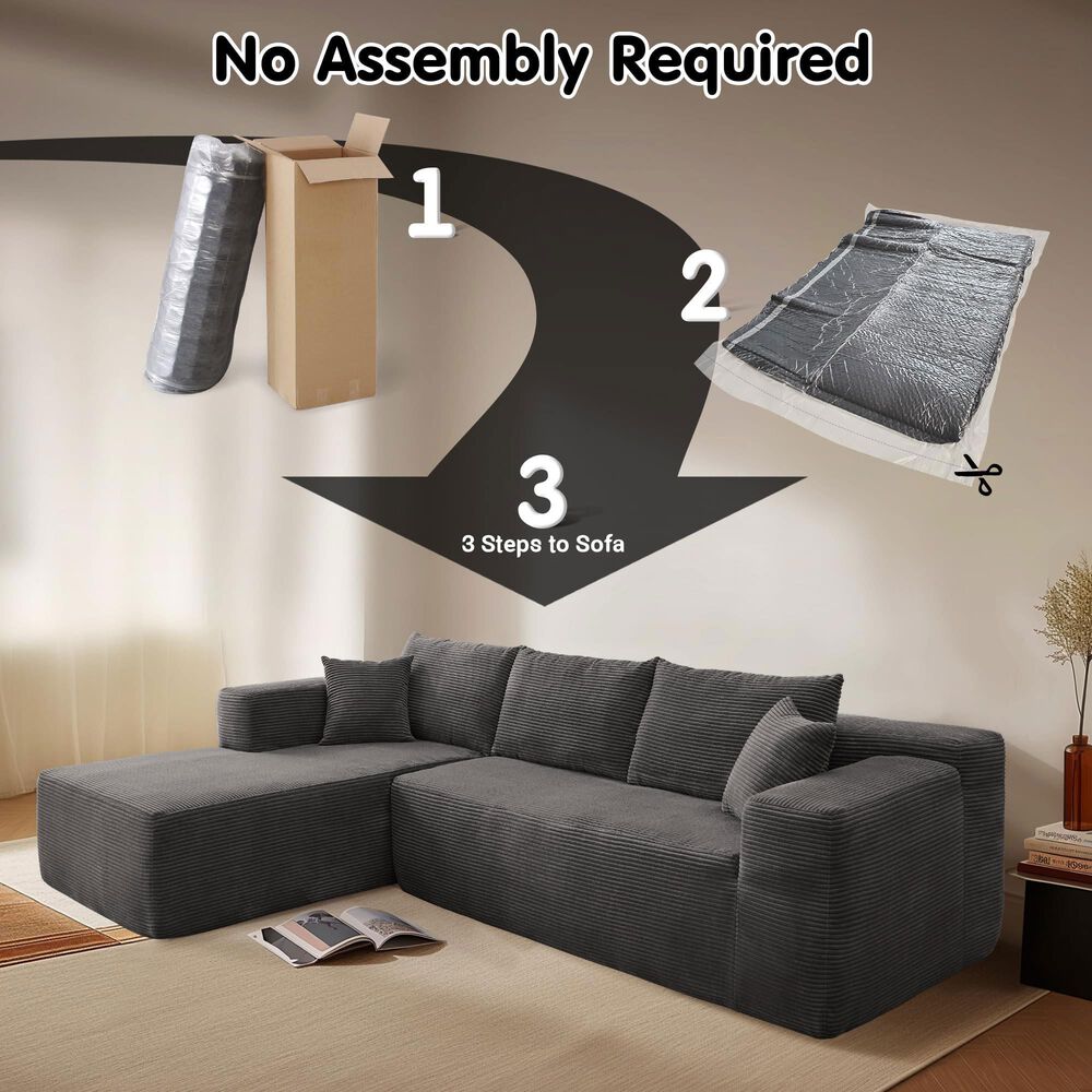 HOMLUX 104" Cloud Sectional Couch Upholstered Modular Sofa with Left L-Shape Chaise, Corduroy Fabric in Gray, , large