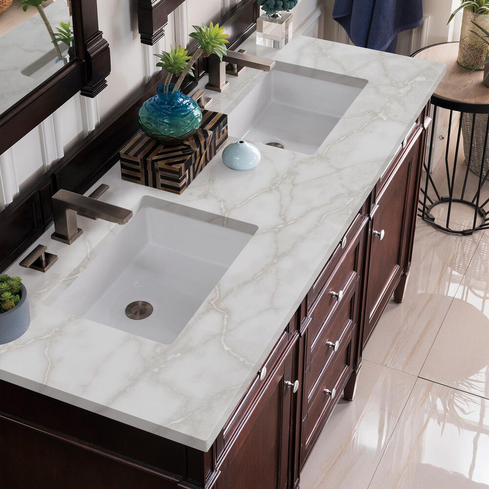 James Martin Vanities Brittany 60" Double Bathroom Vanity in Burnished Mahogany with 3 cm Eternal Jasmine Pearl Silestone Top, Rectangular Sinks and FreePower Wireless Charger, , large