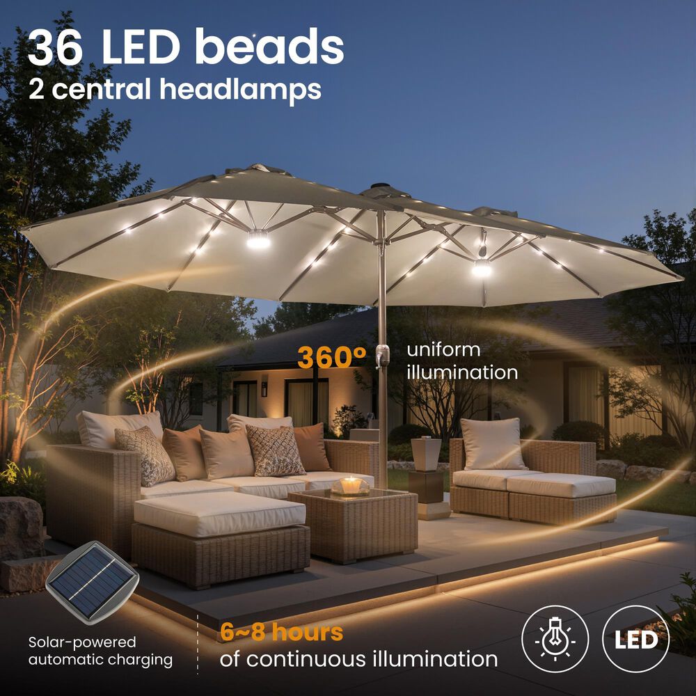 HOMLUX 15' Double-Sided Outdoor Market Umbrella with Sandbag Base and White LED Beads in Light Gray, , large
