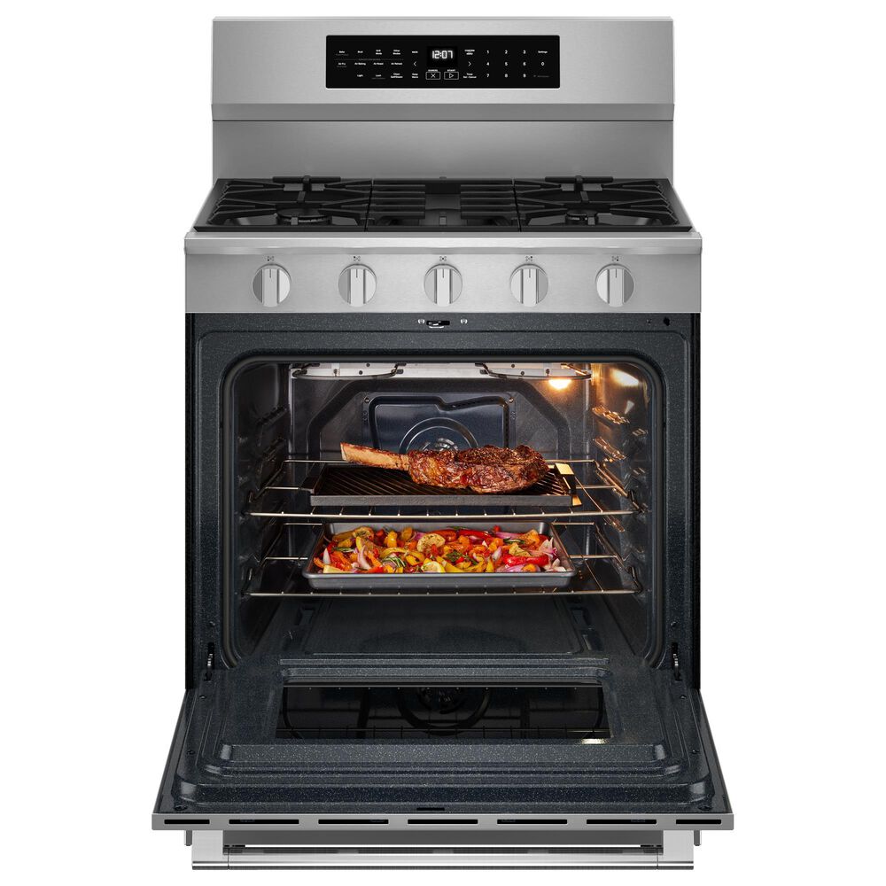 Maytag 2-Piece Kitchen Package with 5 Cu. Ft. Gas Range and 1.1 Cu. Ft. Over-The-Range Toaster Oven in Fingerprint Resistant Stainless Steel, , large