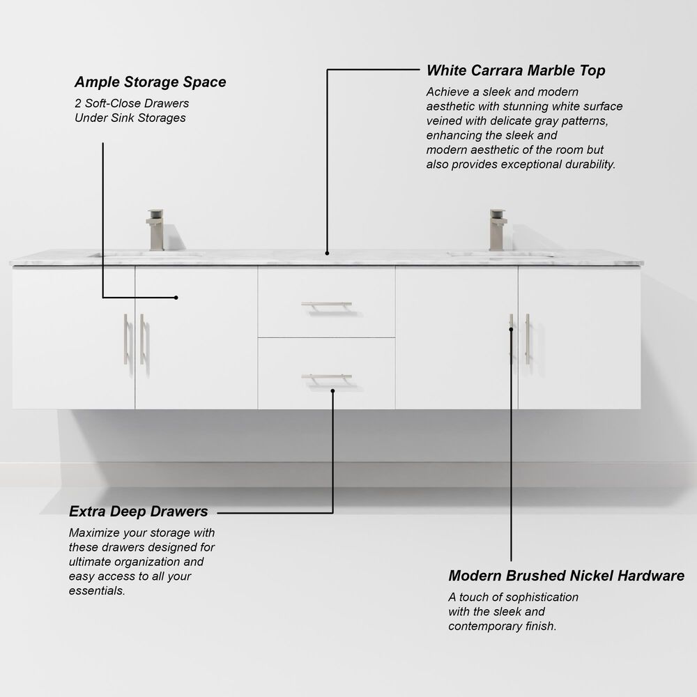 Lexora Home Geneva 80" Double Bathroom Vanity in Glossy White with 2 cm White Carrara Marble Top and Rectangular Sinks, , large