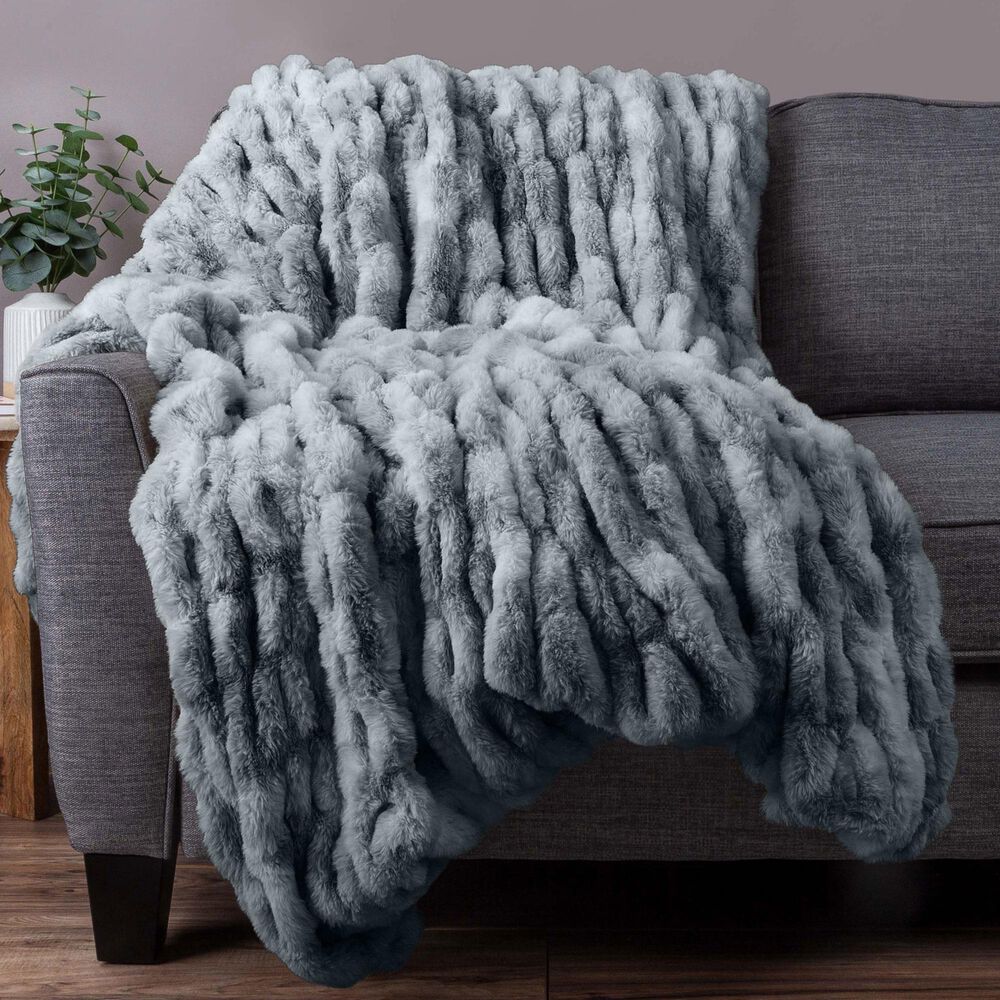 Timberlake 60" x 80" Ruched Faux Fur Throw Blanket in Silver, , large