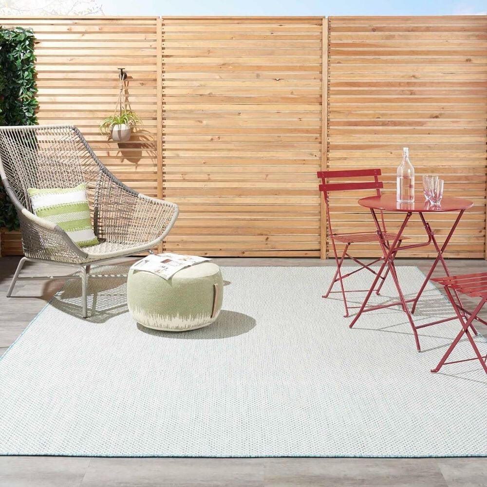 Nourison Courtyard Ivory and Aqua 8&#39; x 10&#39; Indoor/Outdoor Area Rug, , large