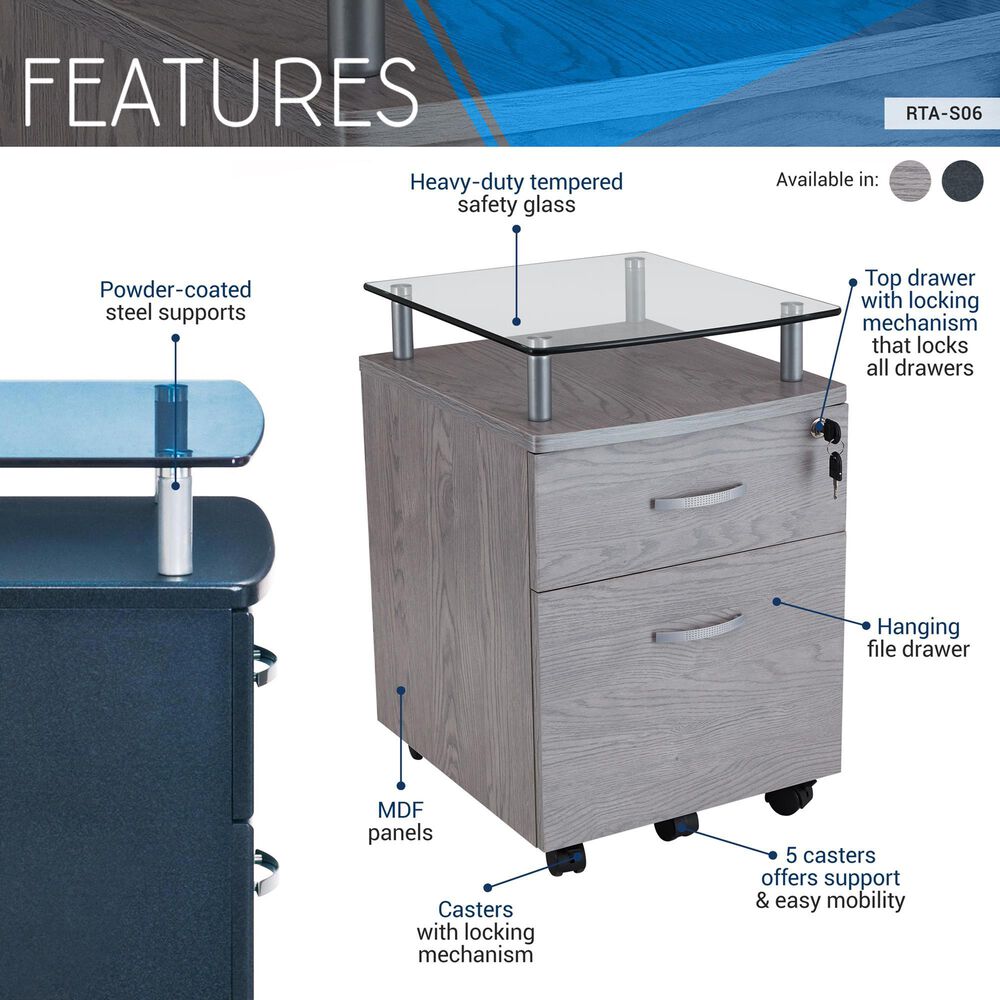 Rta Products Llc Rolling File Cabinet with Glass Top in Grey, , large