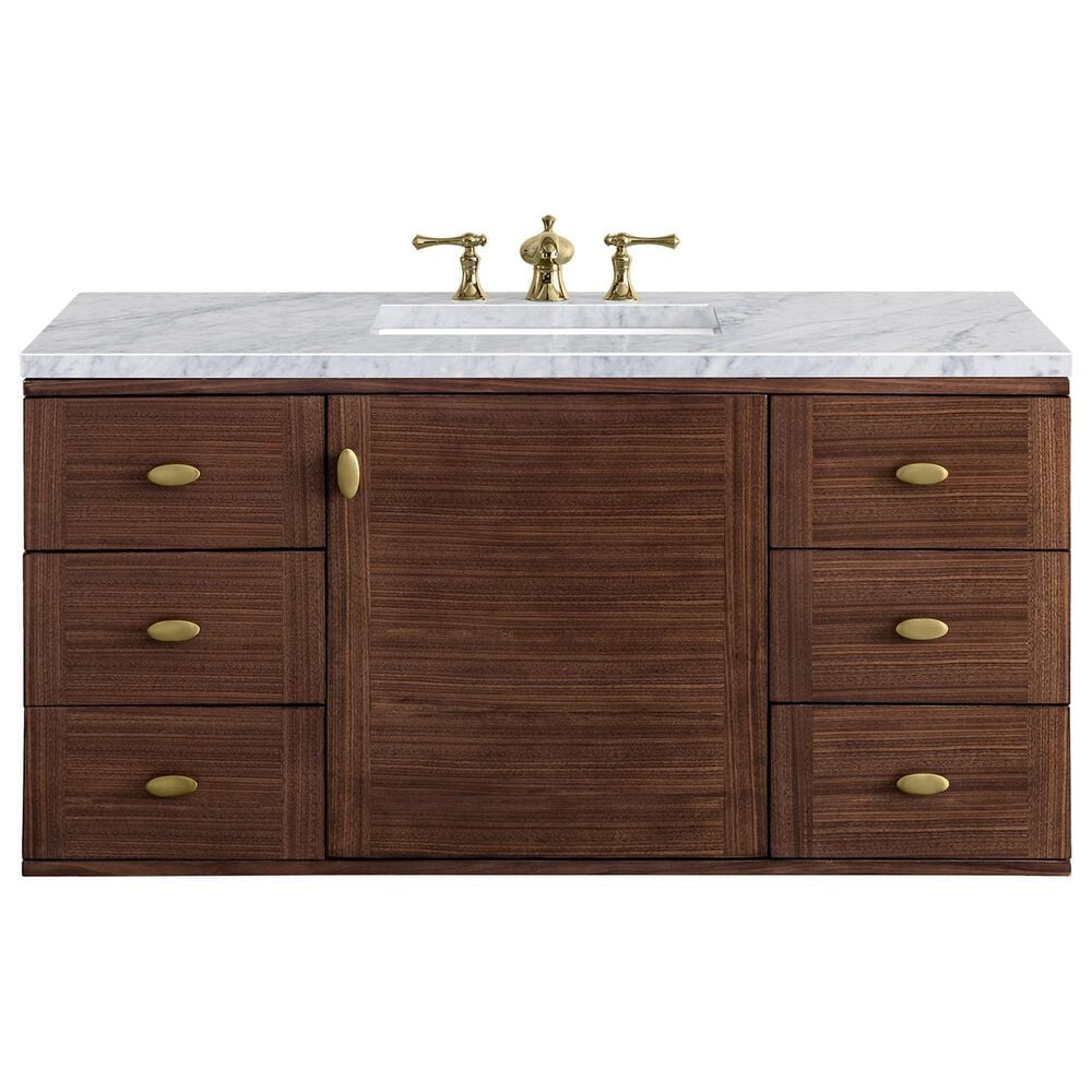 James Martin Vanities Amberly 48&quot; Single Bathroom Vanity in Walnut with 3 cm Carrara White Marble Top and Rectangular Sink, , large
