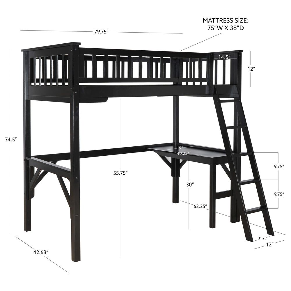Linon Home Decor Levi Twin Workstation Loft Bed with Desk in Black, , large