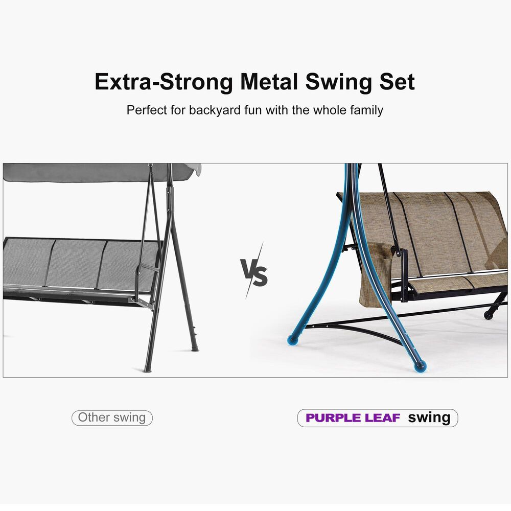 HOMLUX 3-Seat Patio Porch Swing with Weather Resistant Steel Frame and Adjustable Tilt Canopy in Beige, , large