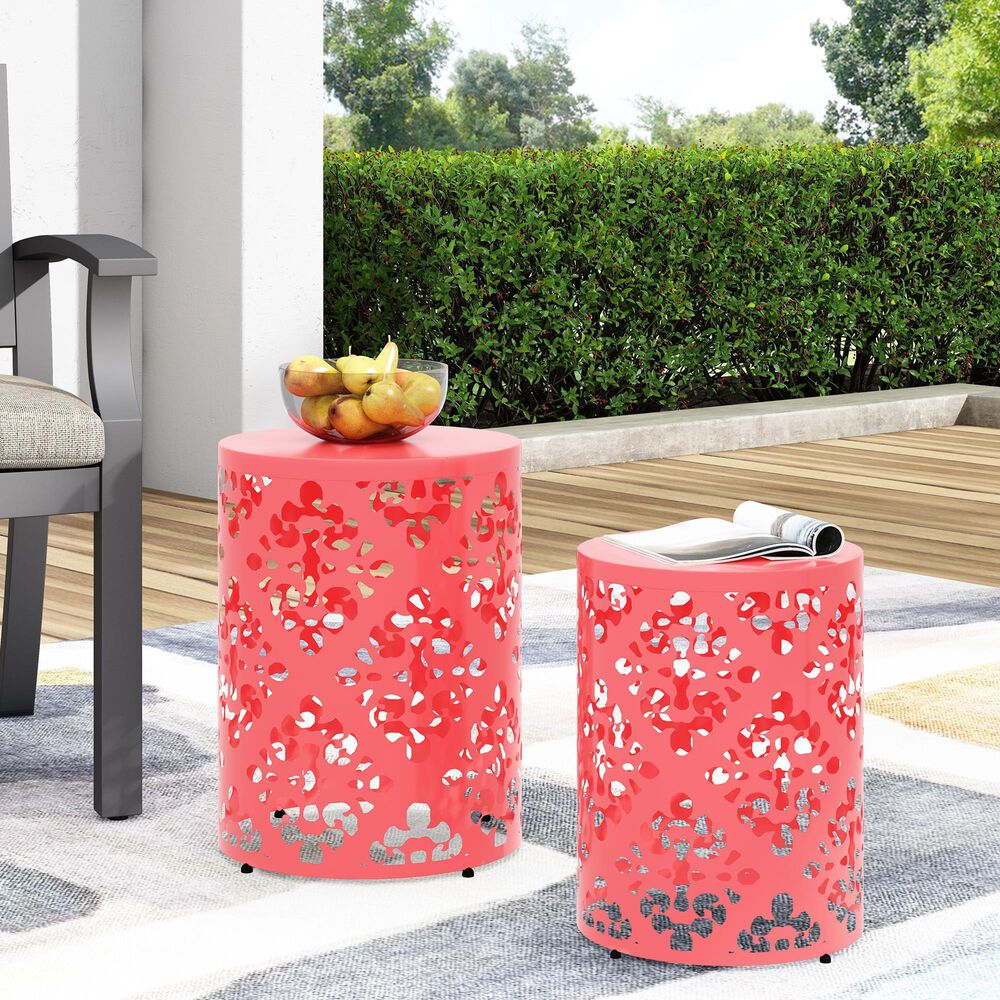 Hearth and Haven Outdoor End Table with Floral Pattern in Coral (Set of 2), , large