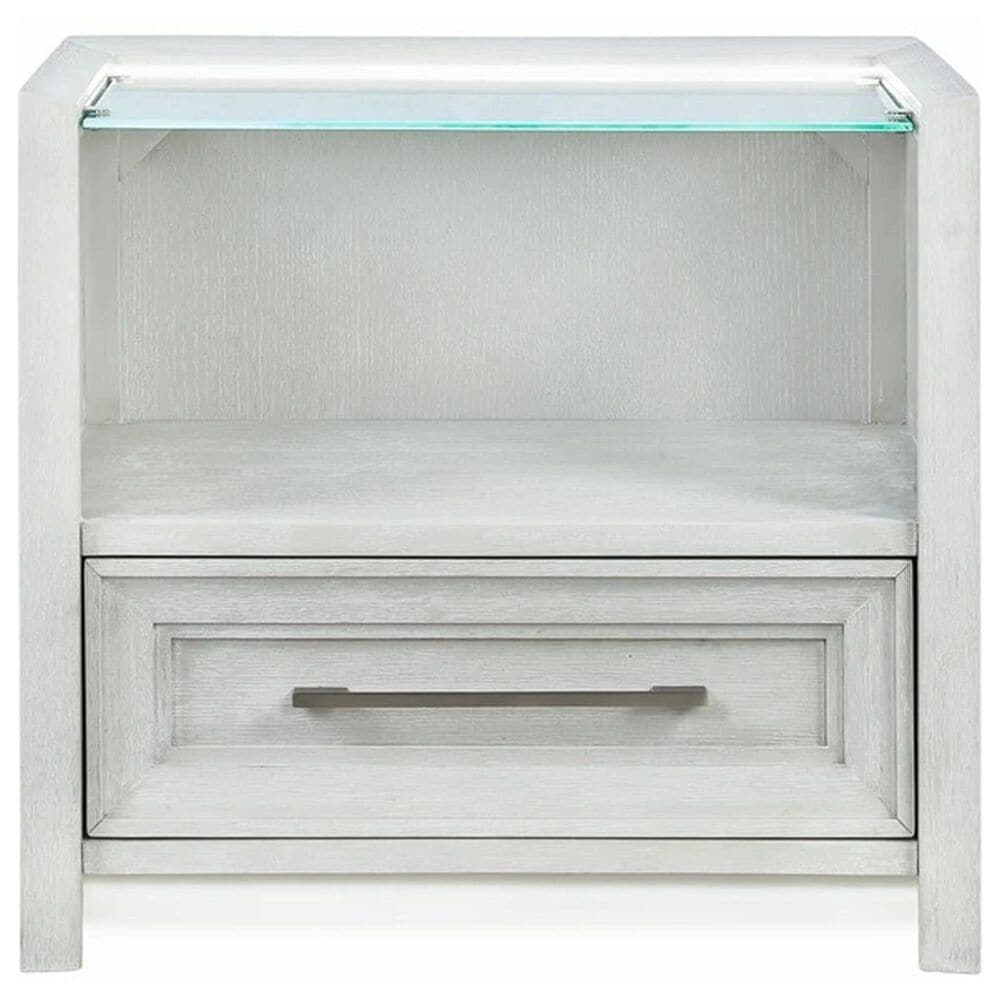 Sasha Lee 1-Drawer Wood and Glass Nightstand with LED Lighting in Brushed White, , large