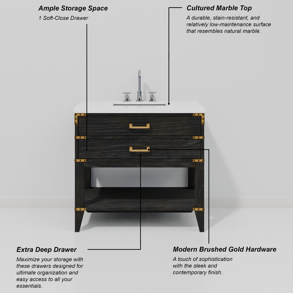 Lexora Home Norwalk 36&quot; Single Bathroom Vanity in Black Oak with White Cultured Marble Top and Rectangular Sink, , large