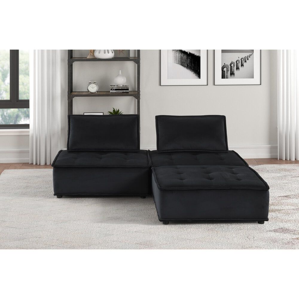 HOMLUX Anna 3-Piece Stationary Sectional Sofa in Black Velvet, , large