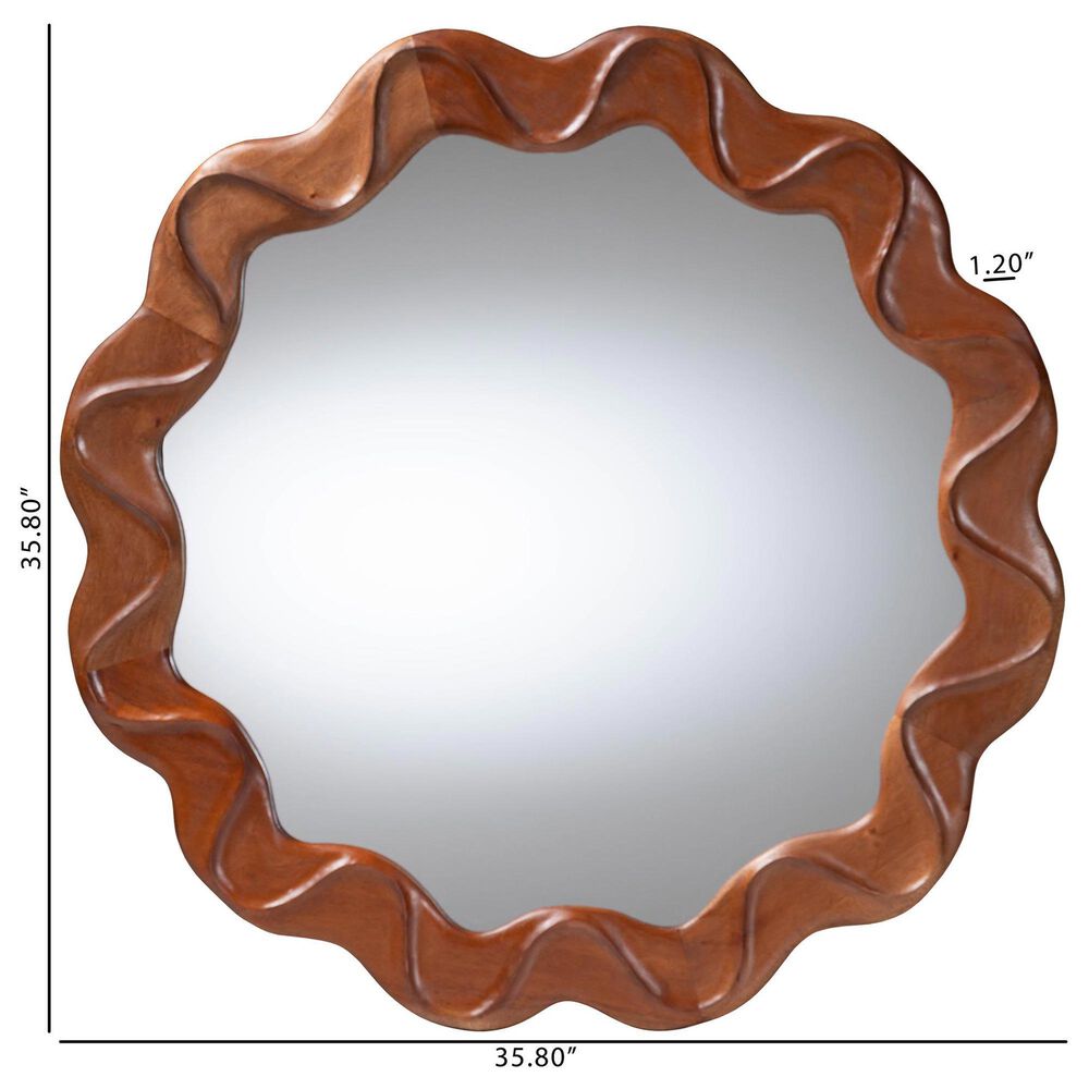 Baxton Studio Bahati Sculpted Wavy Round Wall Mirror in Mahogany Brown, , large