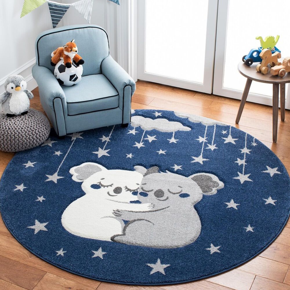 Safavieh Carousel Animals 5&#39;3&quot; Round Navy and Grey Kids  Area Rug, , large