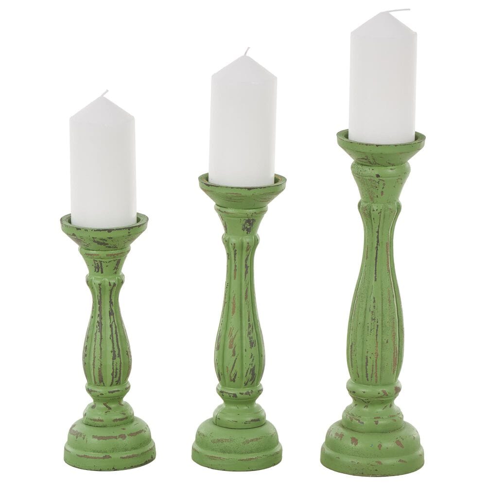 Maple and Jade Turned Pillar Decorative Candle Holder in Distressed Green and Brown &#40;Set of 3&#41;, , large