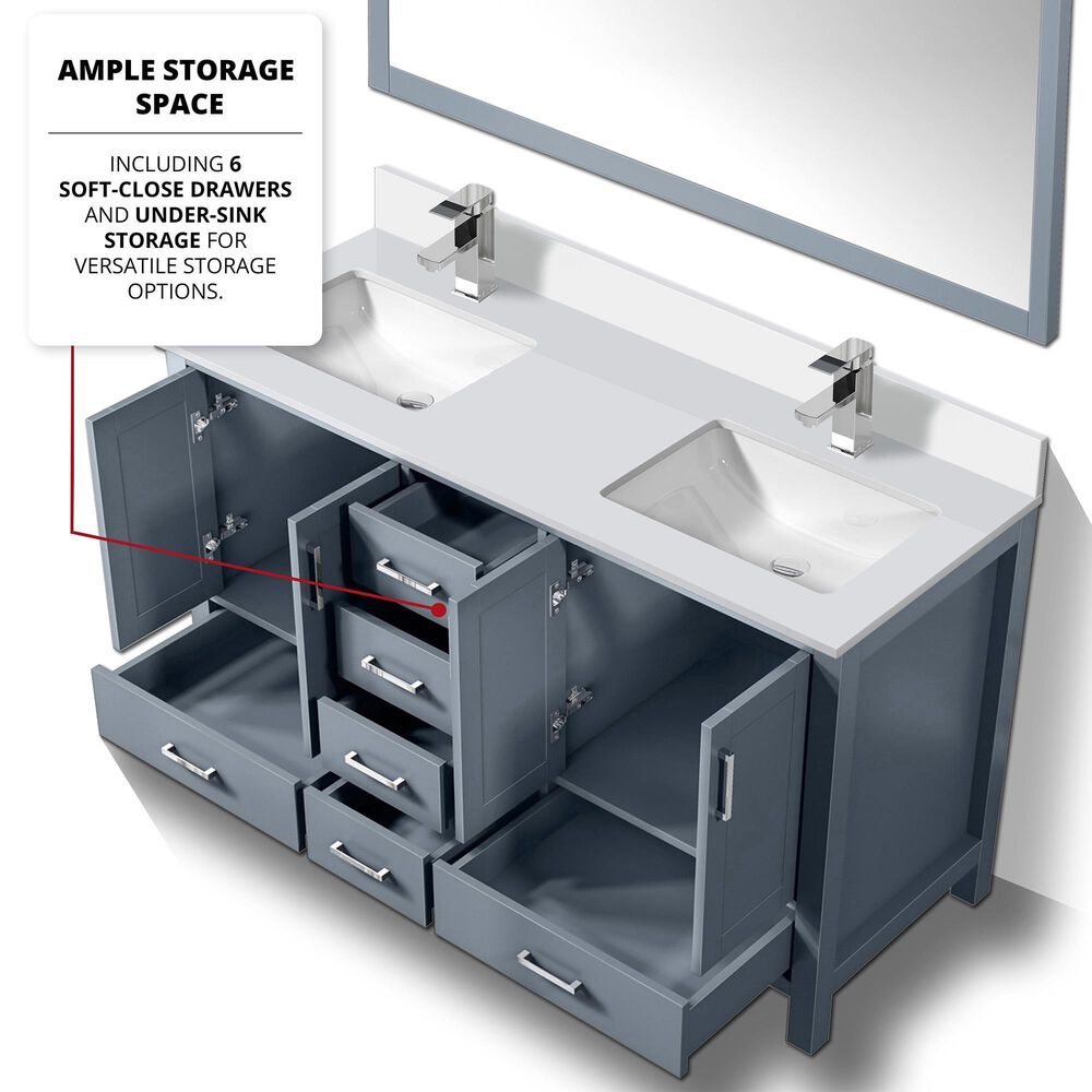 Lexora Home Jacques 60&quot; Double Bathroom Vanity in Dark Grey with 2 cm White Cultured Marble Top and Rectangular Sinks, , large