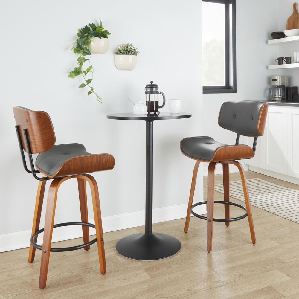LumiSource Lombardi 26" Swivel Counter Stool with Grey Faux Leather Upholstery in Walnut and Black (Set of 2), , large