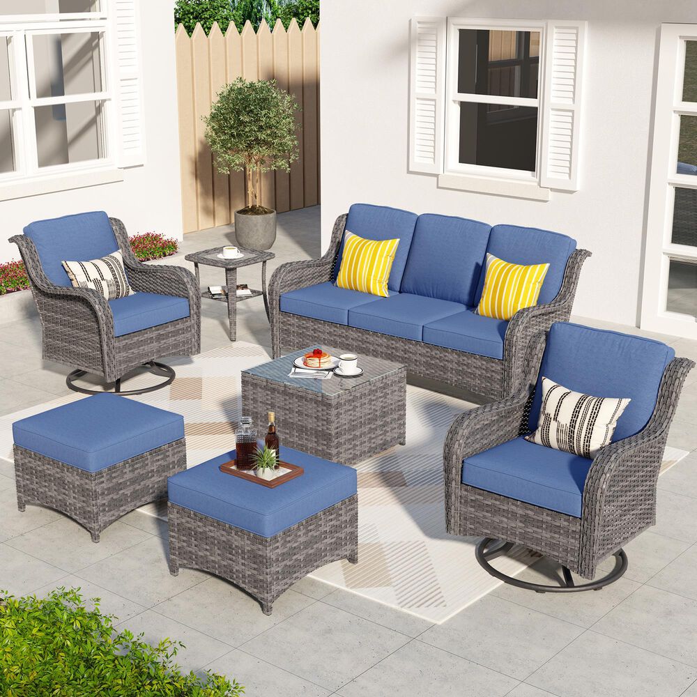 HOMLUX 7-Piece Gray Wicker Patio Sofa Set in Denim Blue, , large