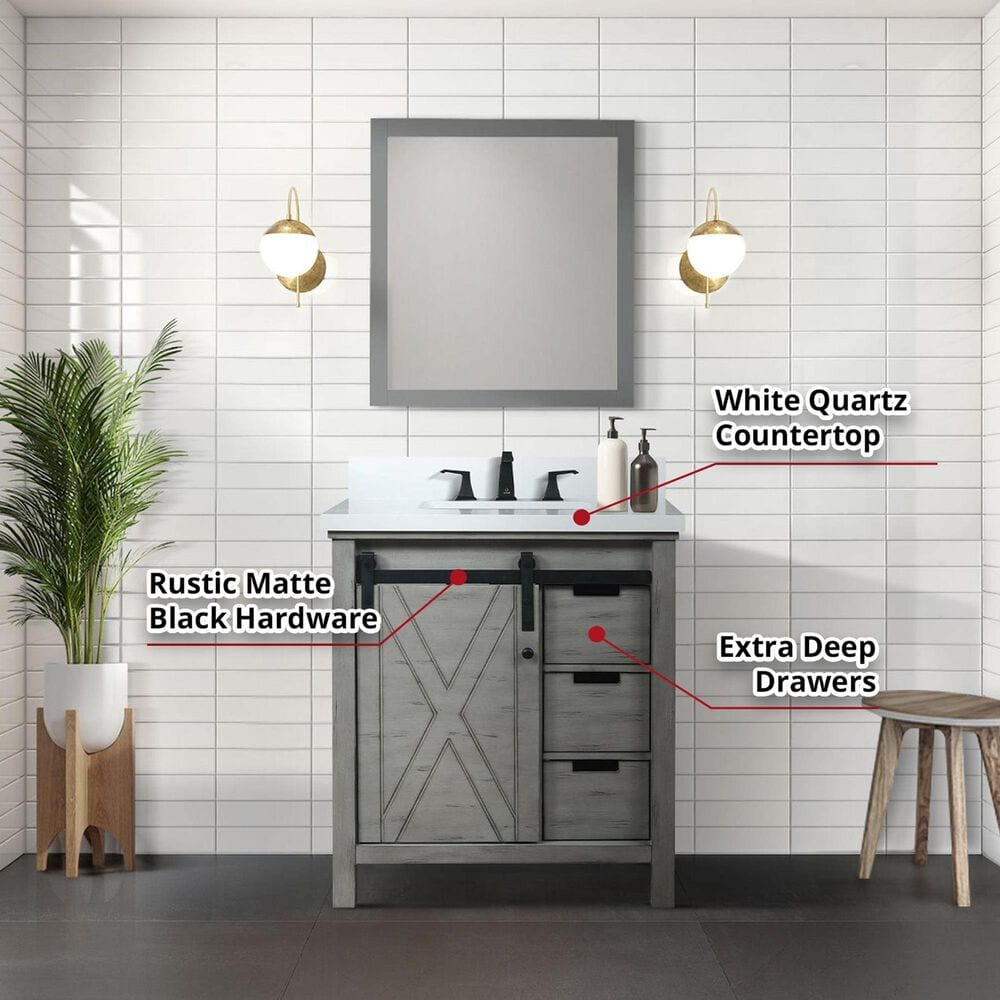 Lexora Home Marsyas 30&quot; Single Bathroom Vanity in Ash Grey with White Quartz Top and Rectangular Sink, , large