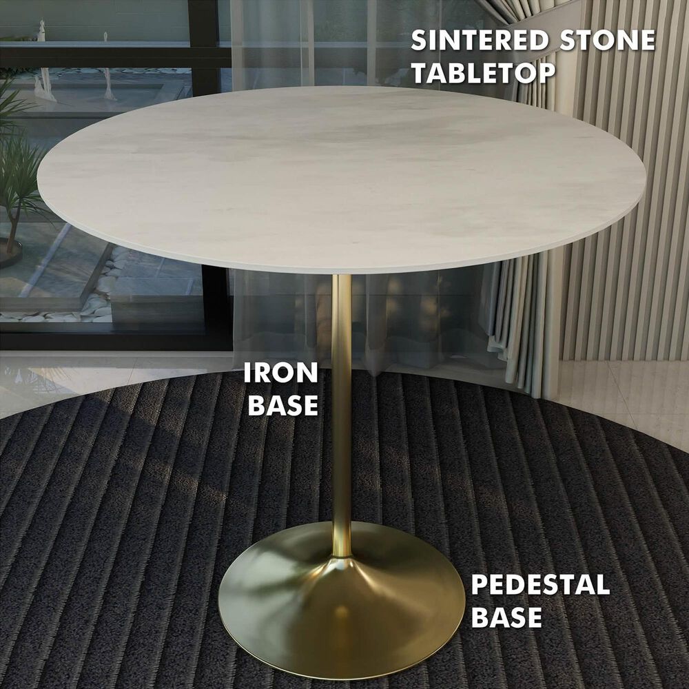 Leisuremod LeisureMod Verve Collection Modern Bar Height Table Brushed Gold Base with 48 Round Marble White Sintered Stone Top, , large