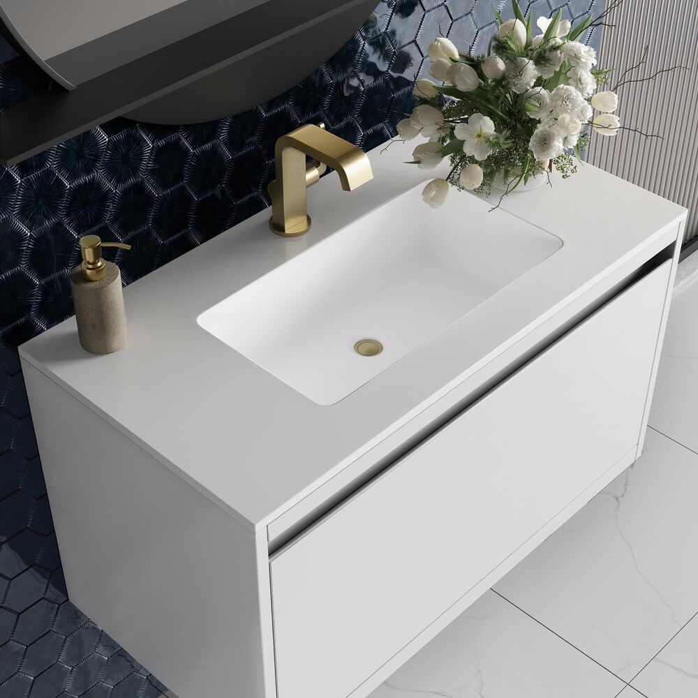 James Martin Mantova 35.4&quot; Single Bathroom Vanity in Glossy White and Champagne Brass with 2 cm Glossy White Solid Surface Top and Rectangular Sink, , large