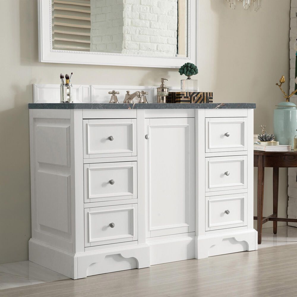 James Martin Vanities De Soto 48" Single Bathroom Vanity in Bright White with 3 cm Parisien Bleu Quartz Top and Rectangular Sink, , large