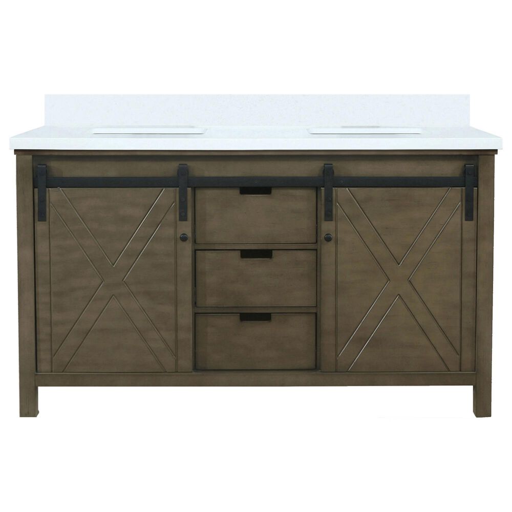 Lexora Home Marsyas 60" Double Bathroom Vanity in Rustic Brown with White Quartz Top and Rectangular Sinks, , large