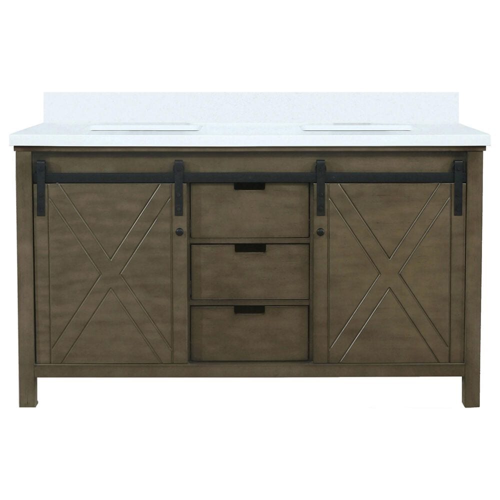 Lexora Home Marsyas 60" Double Bathroom Vanity in Rustic Brown with White Quartz Top and Rectangular Sinks, , large