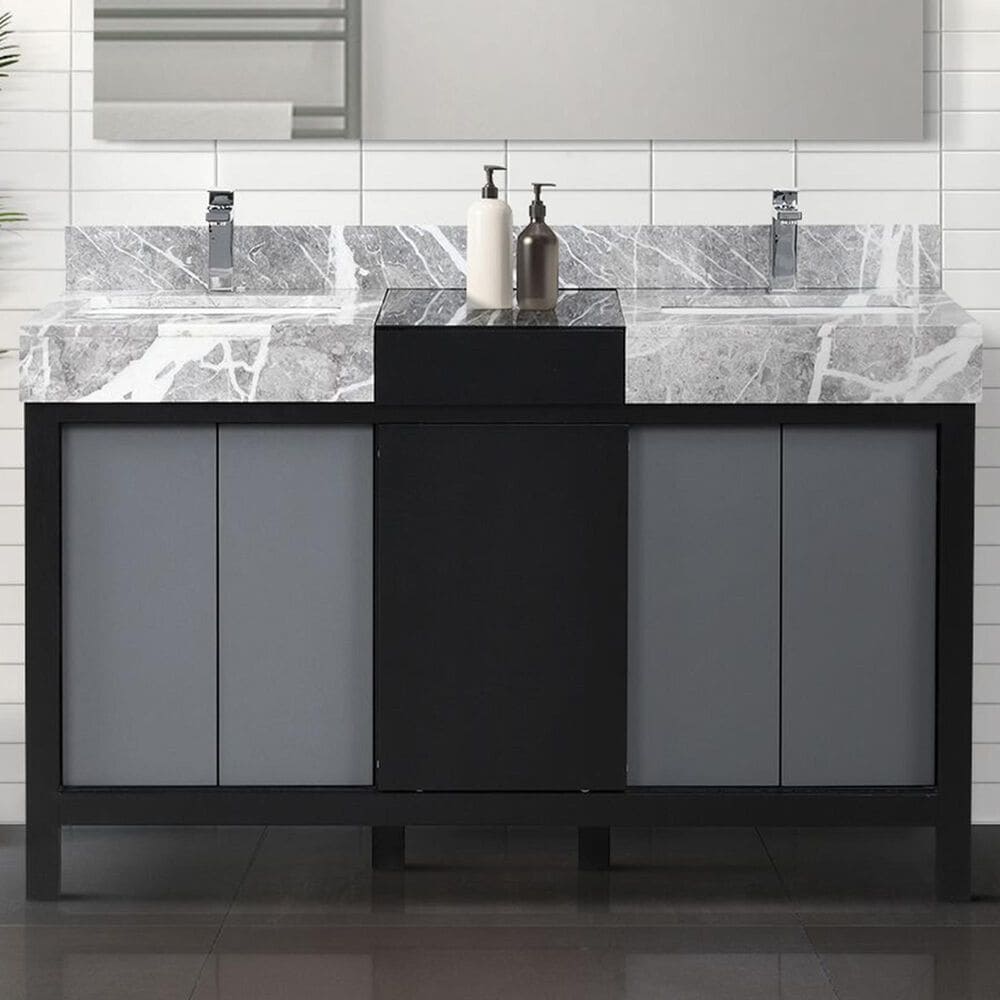 Lexora Home Zilara 55&quot; Double Bathroom Vanity in Black and Grey with 11 cm Castle Grey Marble Top and Rectangular Sinks, , large