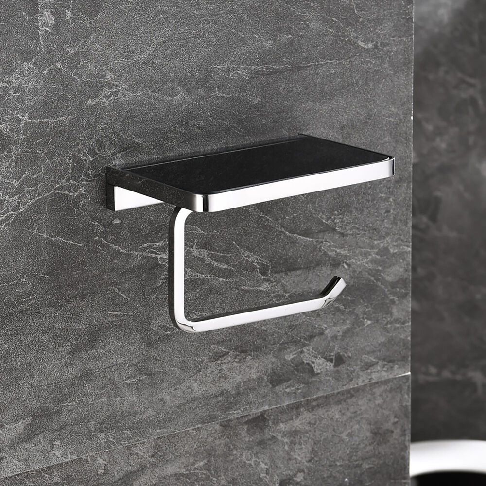 Lexora Home Bagno Bianca Post Toilet Paper Holder with Glass Shelf in Chrome and Black, , large