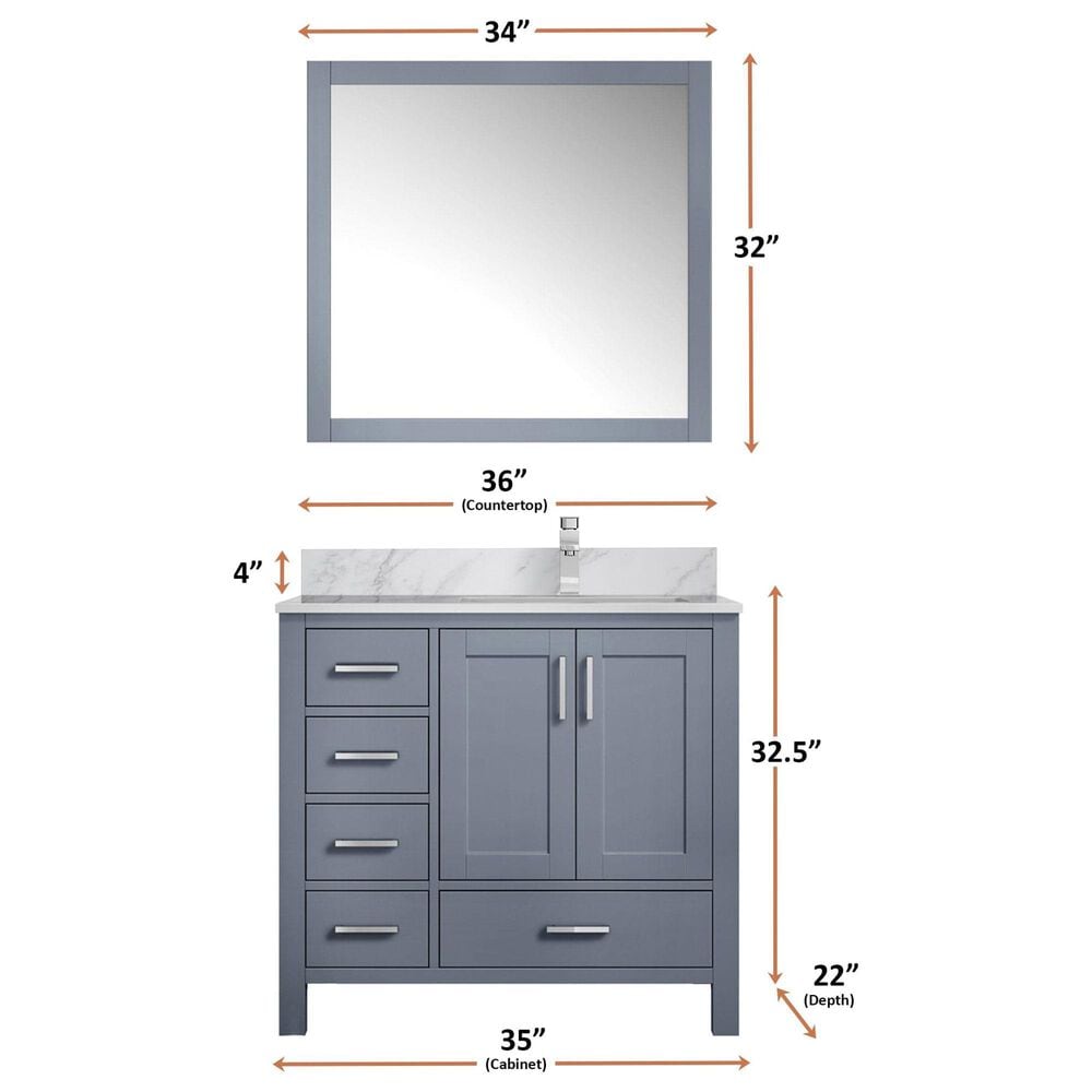 Lexora Home Jacques 36&quot; Right Offset Single Bathroom Vanity in Dark Grey with 2 cm White Carrara Marble Top and Rectangular Sink, , large