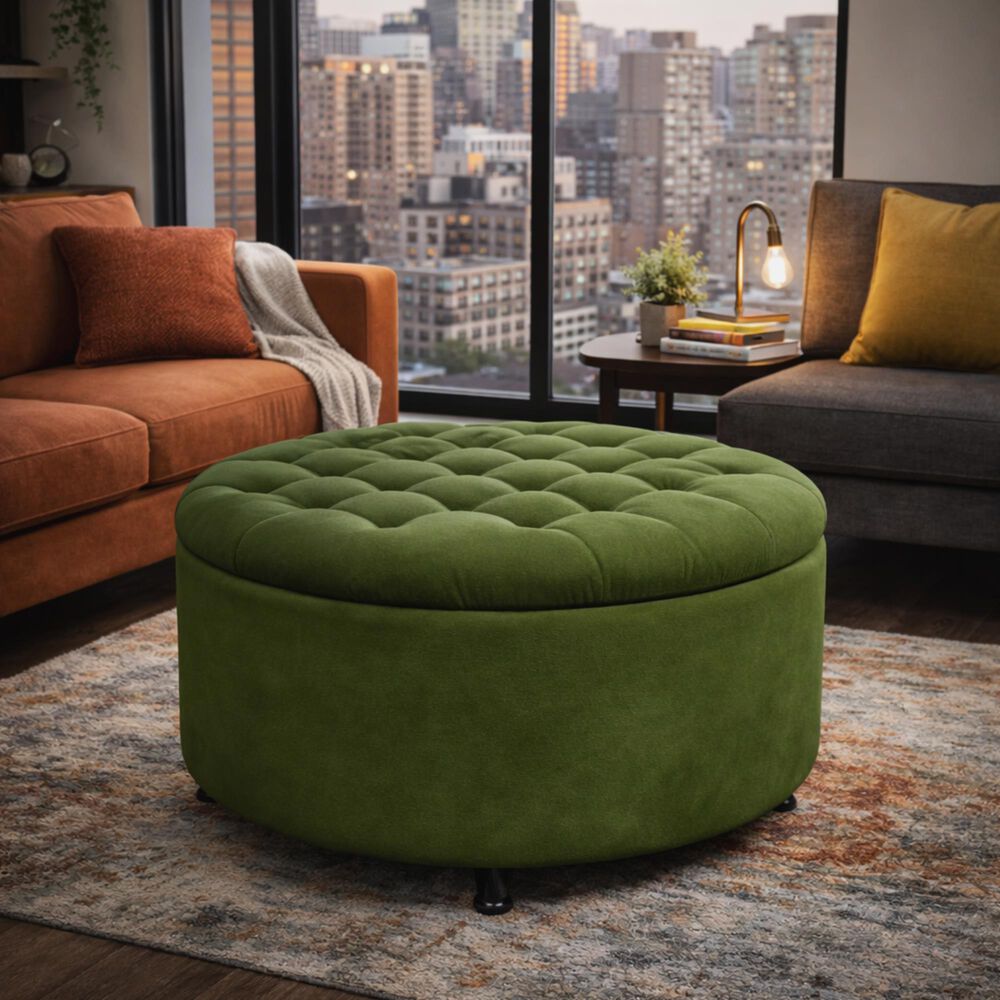Regency Global Sourcing Knight 28" Round Storage Ottoman in Emerald Green, , large