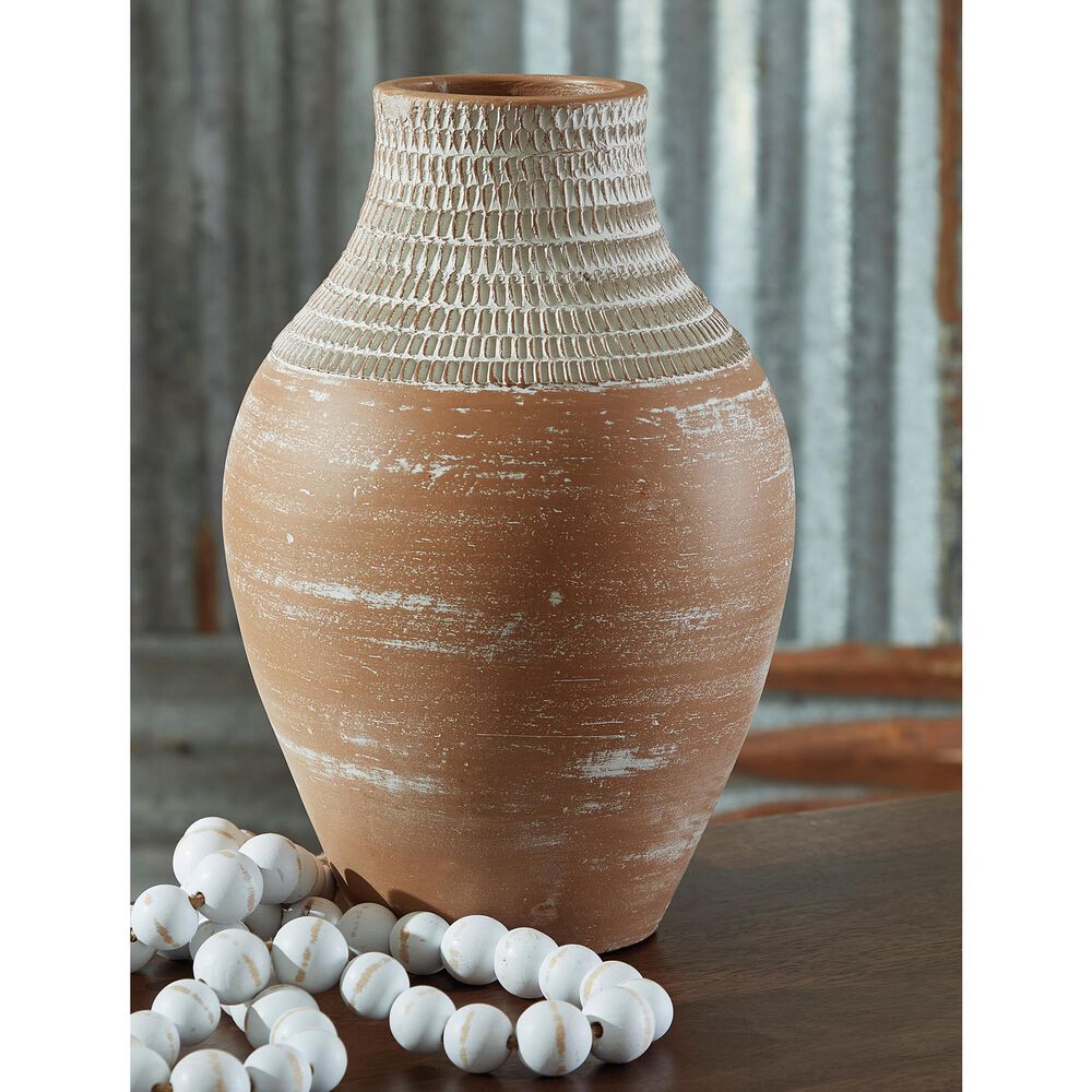 Ashley Reclove 13&quot; Vase in Distressed White and Brown, , large