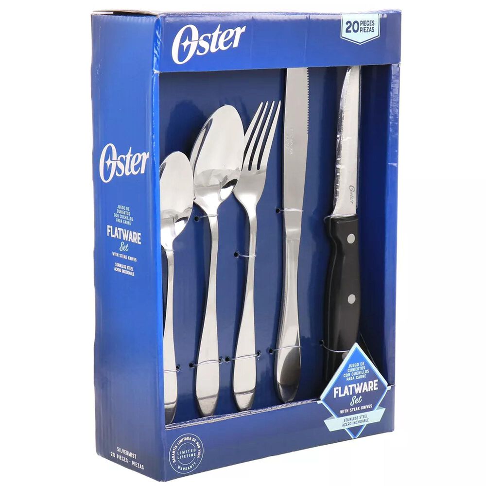 Oster Silvermist 20 Piece Flatware Set with Steak Knives in Stainless Steel, , large