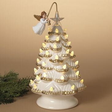 The Gerson Company 12" Electric Lighted Ceramic Holiday Christmas Tree in White, , large