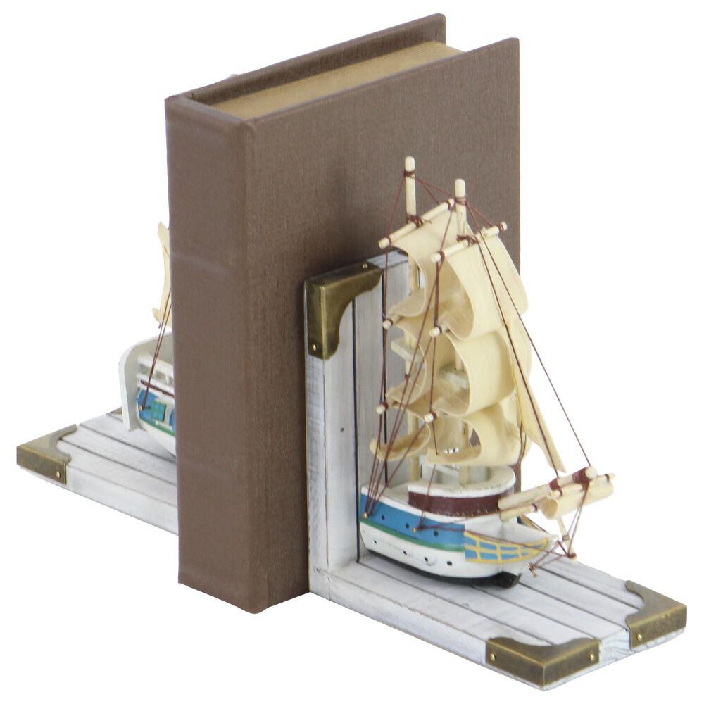 Maple and Jade Coastal Sail Boat Bookends in White Washed, Gold and Blue &#40;Set of 2&#41;, , large