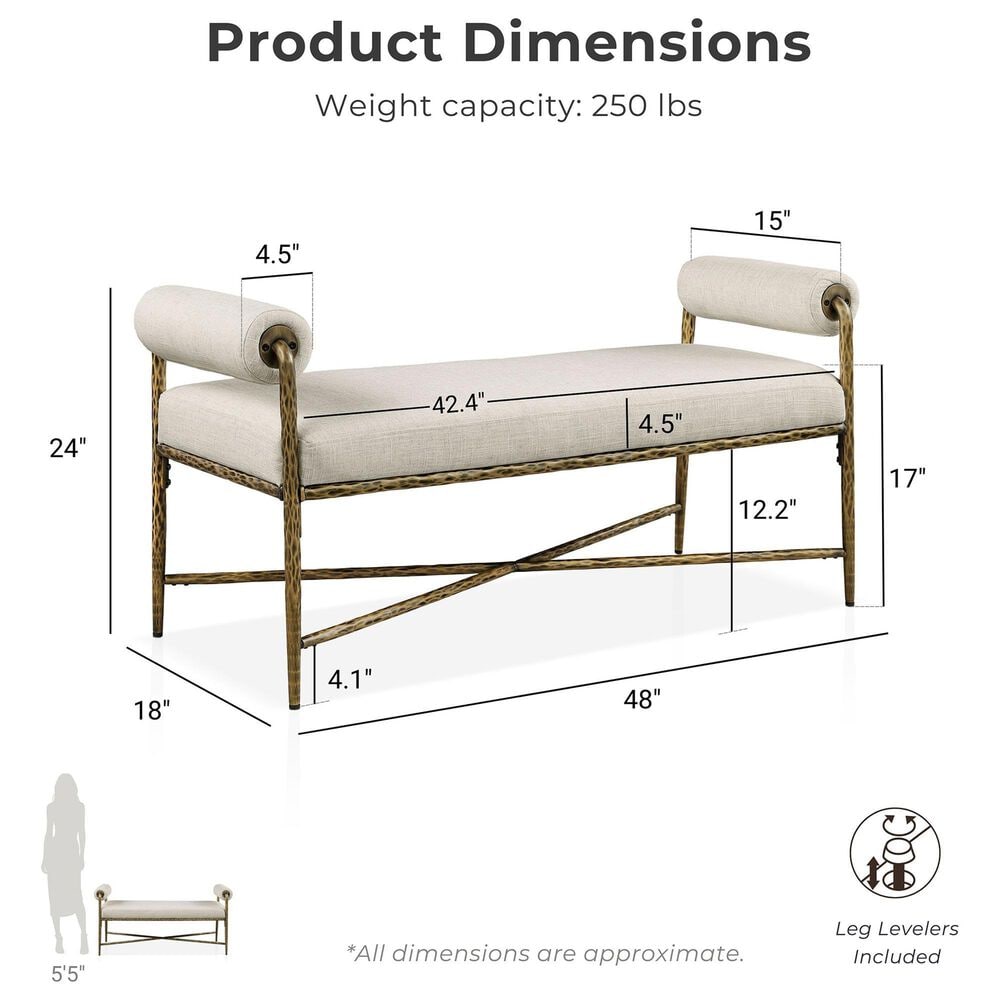 Furniture of America Lalia Hammered Metal Upholstered Bench in Matte Gold, , large