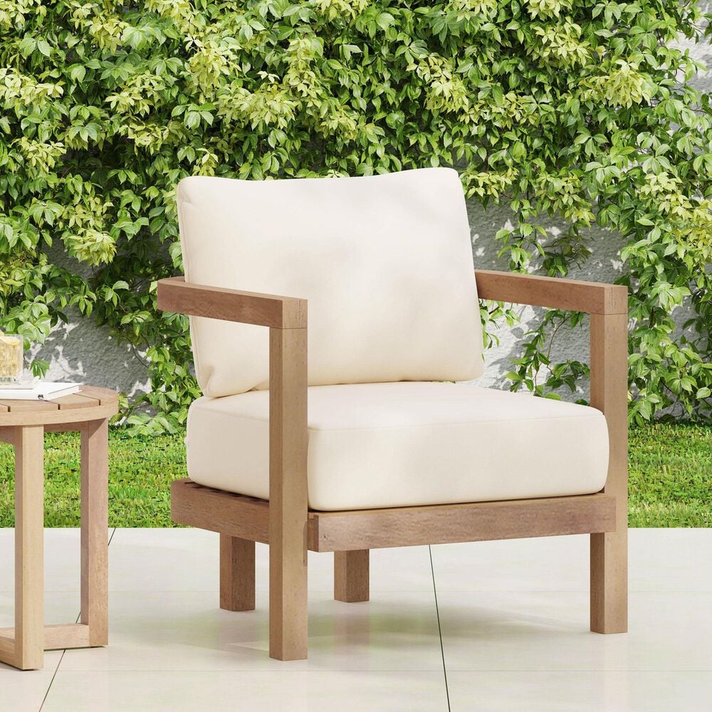 Hearth and Haven Outdoor Acacia Wood Club Chair with Open Back and Beige Cushions in Brown, , large