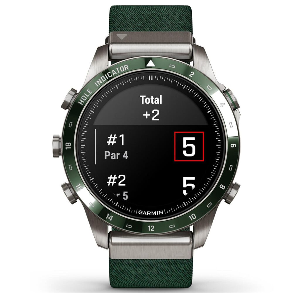 Garmin MARQ 2 Golfer AMOLED Smartwatch Silver Grade 5 Titanium Bezel Case with Green Nylon Band, , large