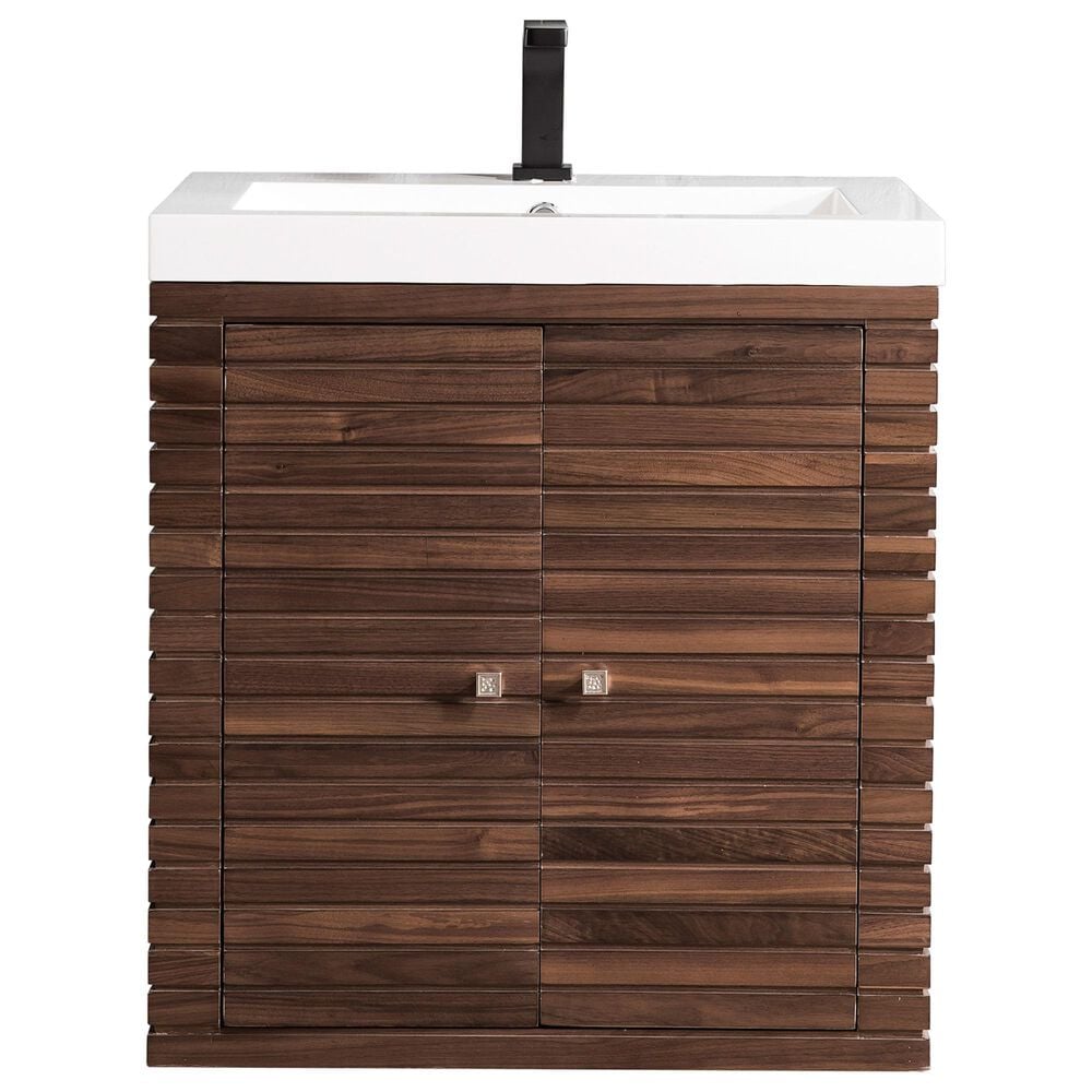 James Martin Vanities Linden 24&quot; Single Bathroom Vanity in Mid Century Walnut with 5 cm White Glossy Resin Top and Rectangular Sink, , large