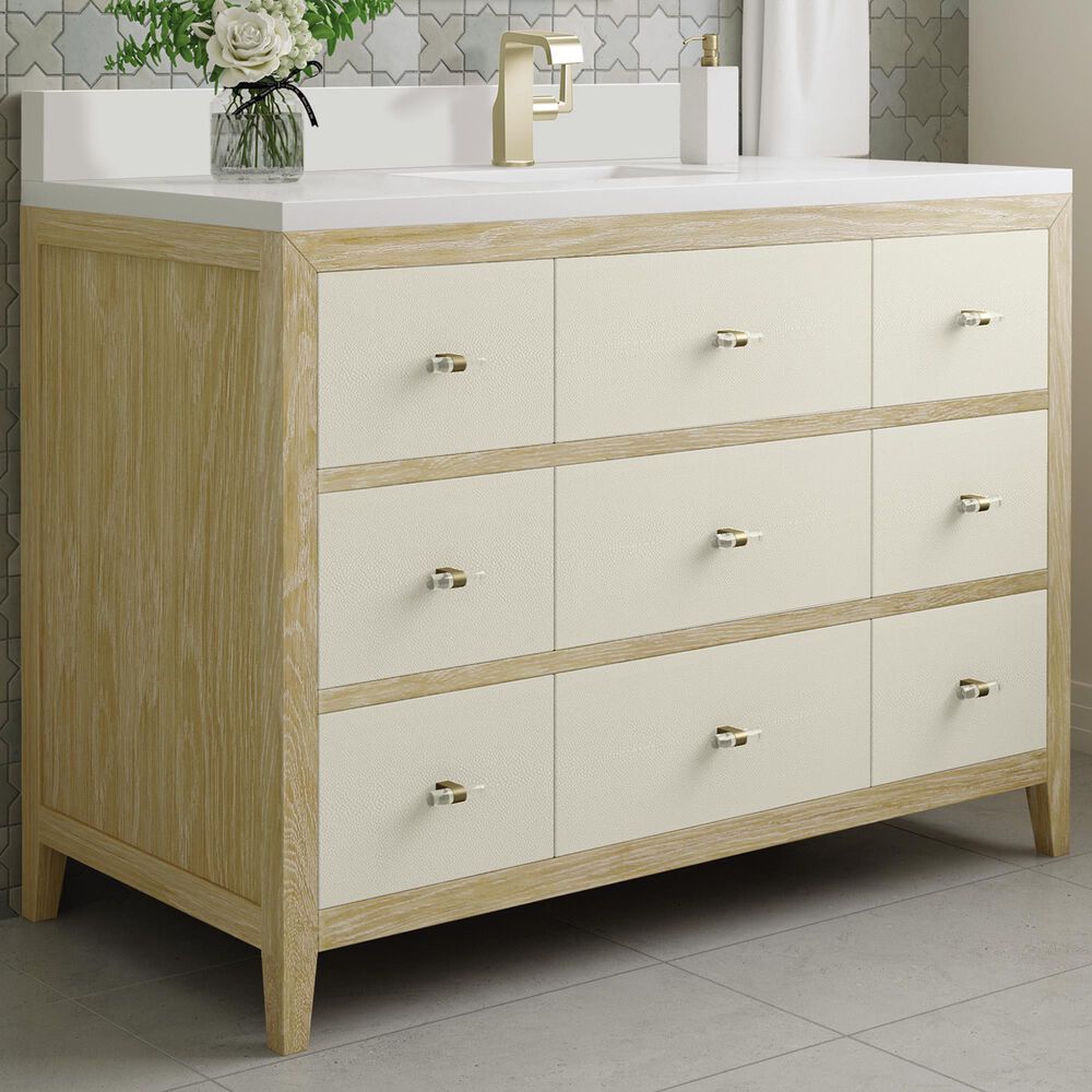 James Martin Vanities Celeste 48&quot; Single Vanity in Sun-washed Oak with Embossed Shagreen and with Single Hole 3 cm White Zeus Quartz Top &amp; Backsplash, , large