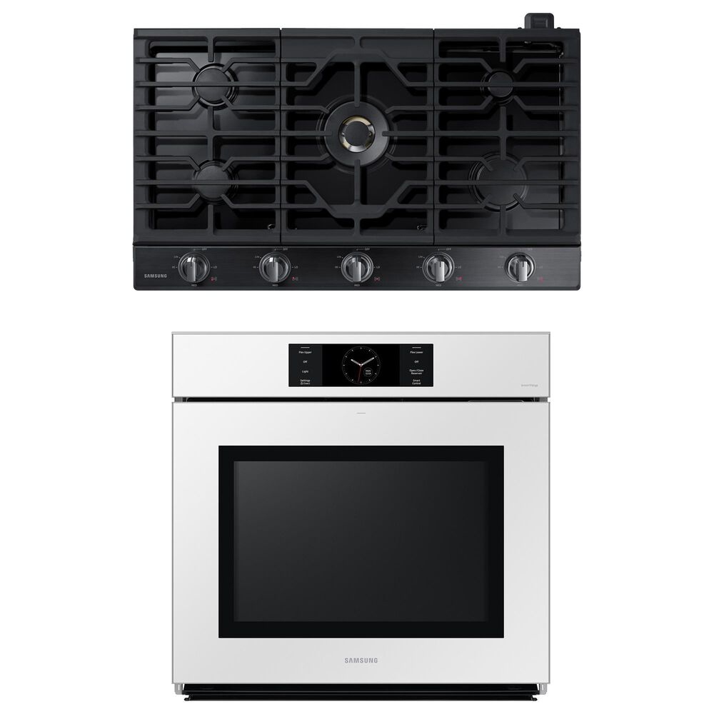 Samsung 2-Piece Kitchen Package with White 30" Single Wall Oven and Black Stainless Steel 36" Smart Gas Cooktop, , large